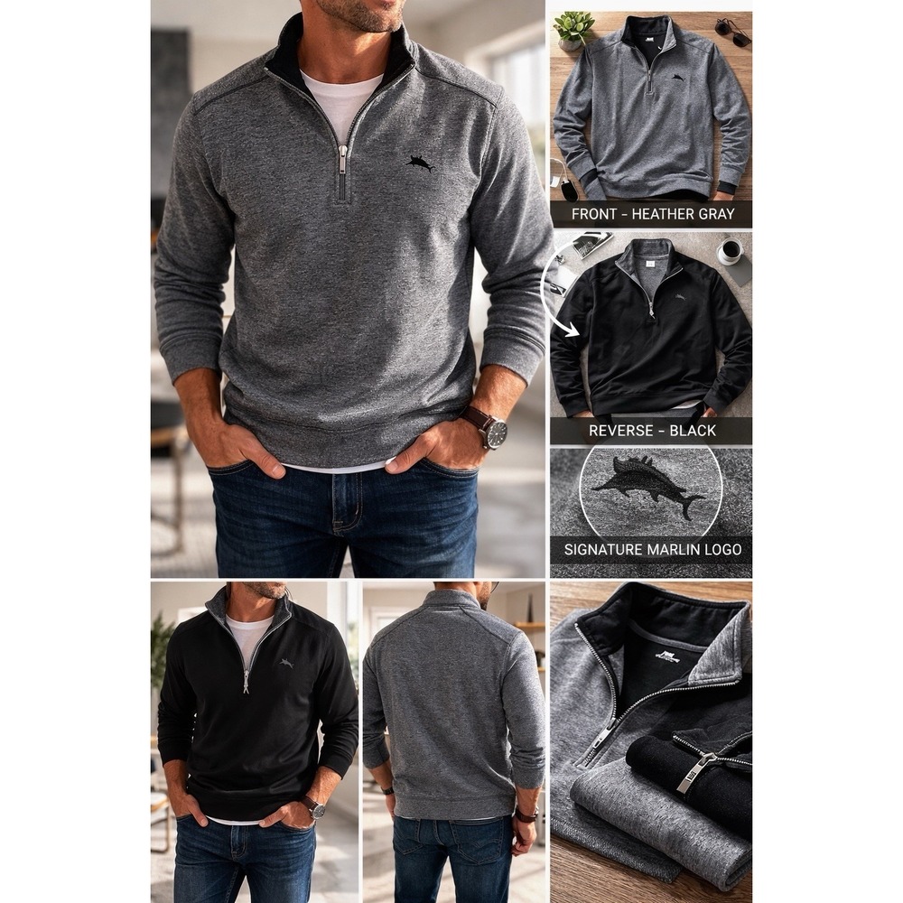 Tommy Bahama Men's XXL Reversible 1/4 Zip Pullover Gray Cotton Blend